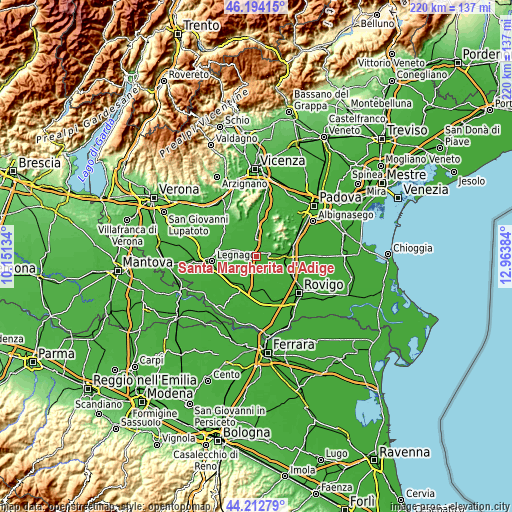 Topographic map of Santa Margherita d'Adige