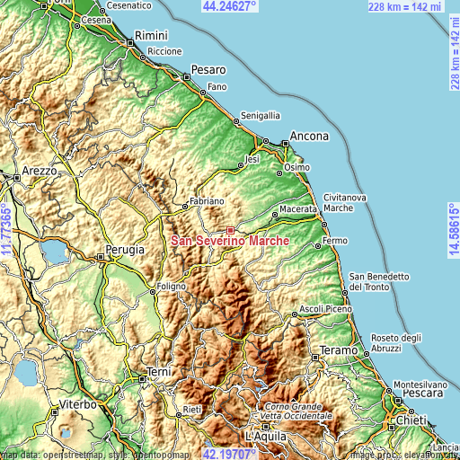 Topographic map of San Severino Marche