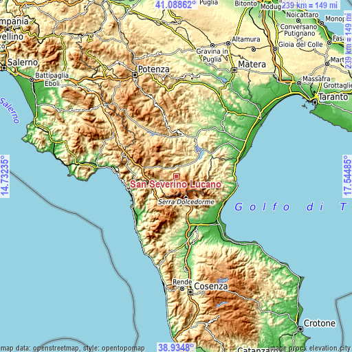 Topographic map of San Severino Lucano