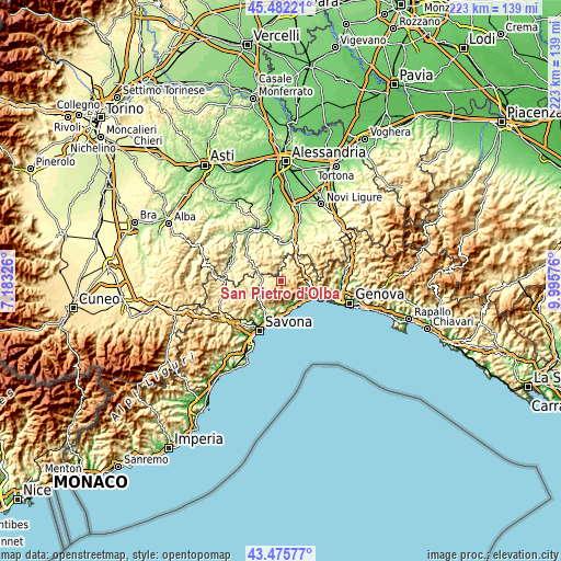 Topographic map of San Pietro d'Olba
