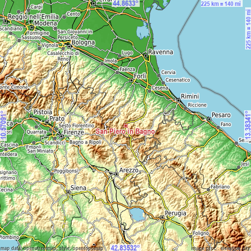 Topographic map of San Piero in Bagno