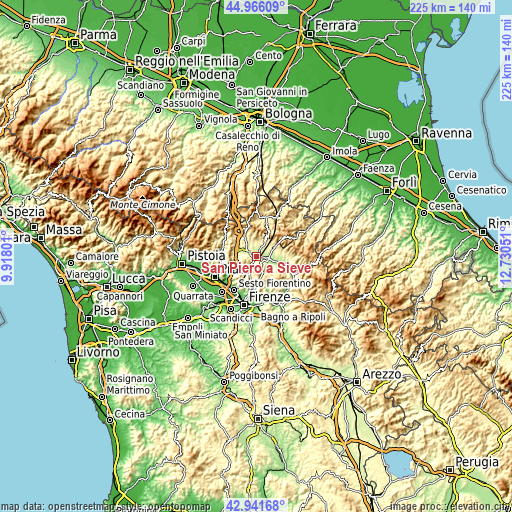 Topographic map of San Piero a Sieve