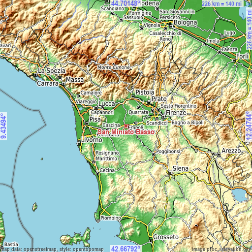 Topographic map of San Miniato Basso