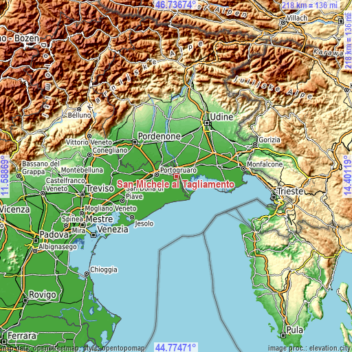 Topographic map of San Michele al Tagliamento