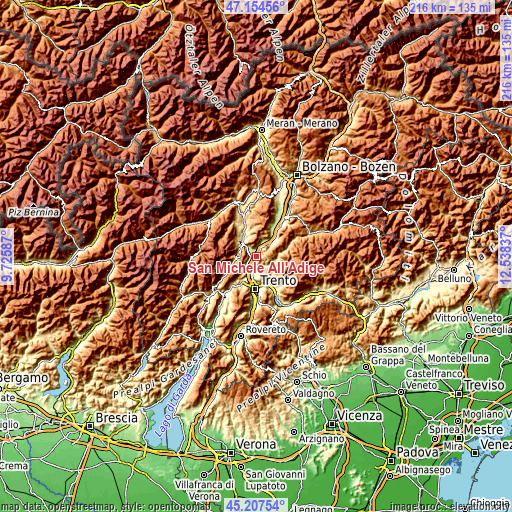 Topographic map of San Michele All'Adige