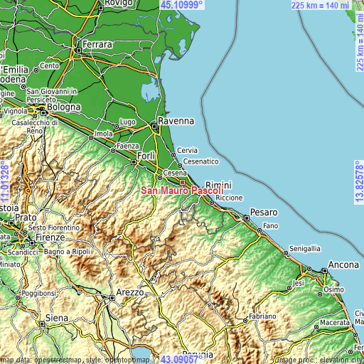 Topographic map of San Mauro Pascoli
