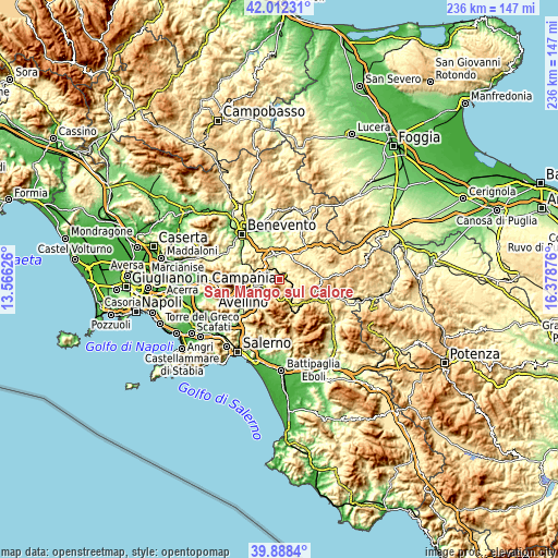 Topographic map of San Mango sul Calore