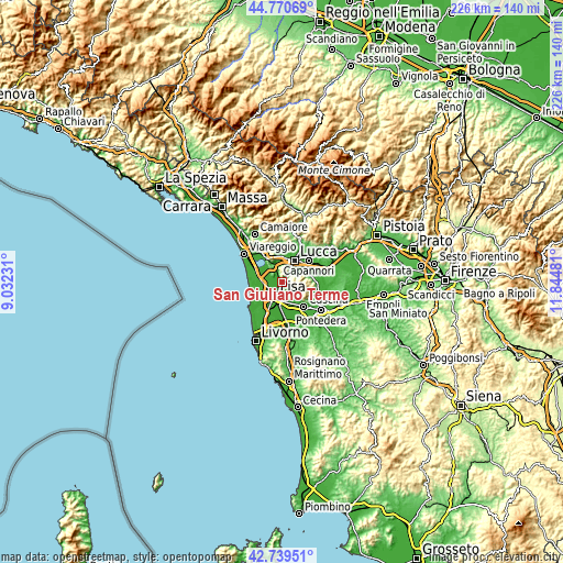 Topographic map of San Giuliano Terme