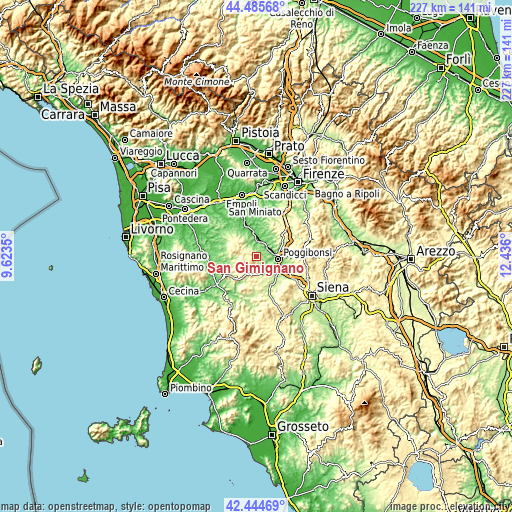 Topographic map of San Gimignano