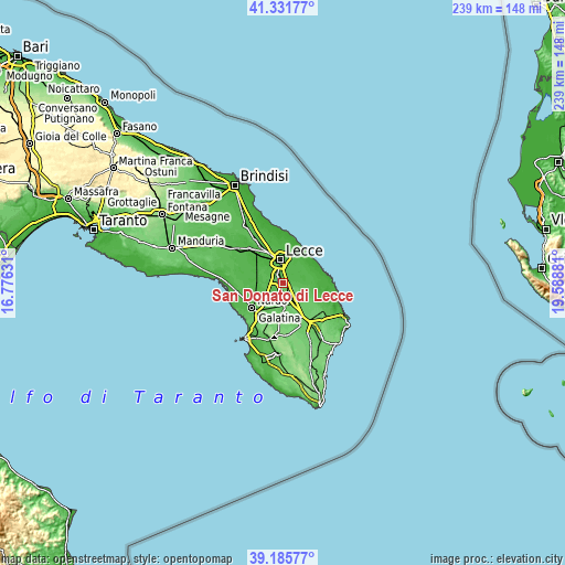 Topographic map of San Donato di Lecce