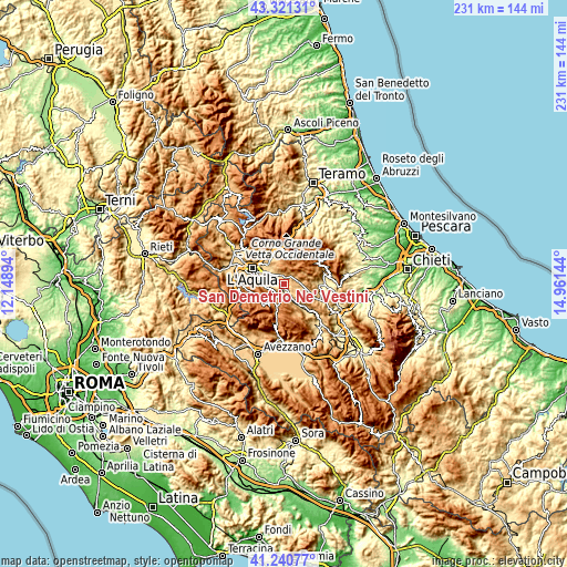 Topographic map of San Demetrio Ne' Vestini