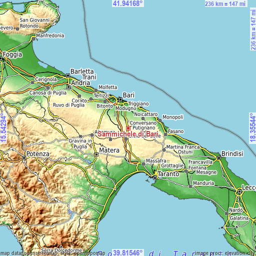 Topographic map of Sammichele di Bari