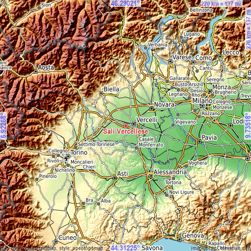 Topographic map of Sali Vercellese