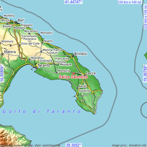 Topographic map of Salice Salentino
