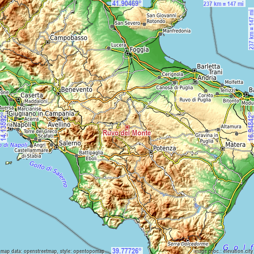 Topographic map of Ruvo del Monte