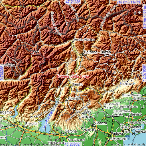 Topographic map of Roverè della Luna