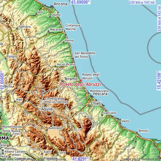 Topographic map of Roseto degli Abruzzi