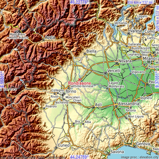 Topographic map of Rondissone