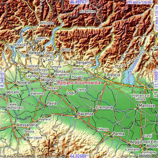 Topographic map of Romano di Lombardia