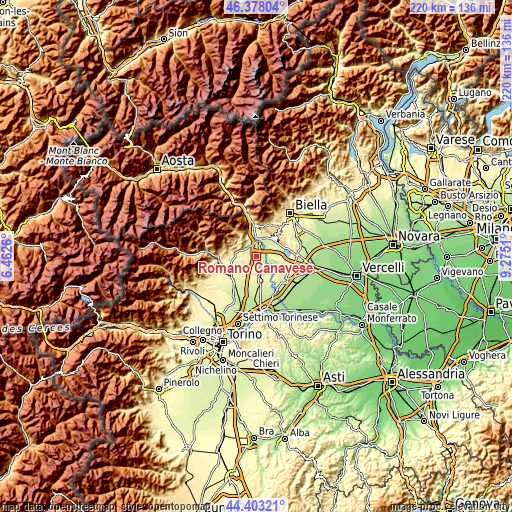 Topographic map of Romano Canavese