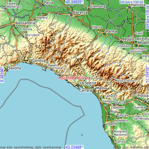 Topographic map of Rocchetta di Vara