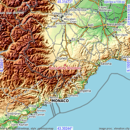 Topographic map of Roccaforte Mondovì