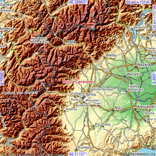 Topographic map of Rocca Canavese