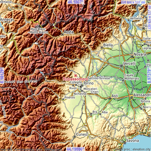Topographic map of Robassomero
