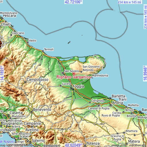 Topographic map of Rignano Garganico