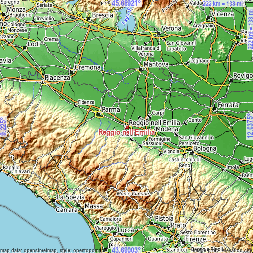 Topographic map of Reggio nell'Emilia