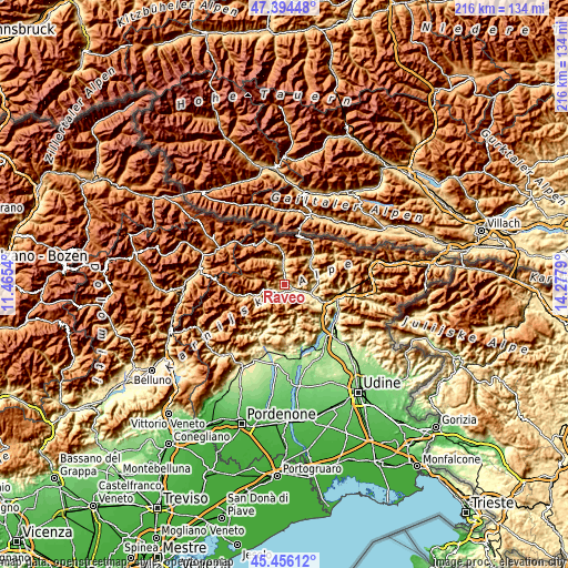 Topographic map of Raveo