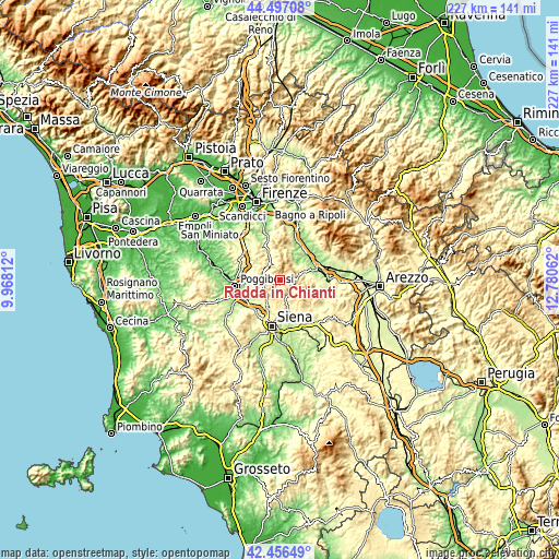 Topographic map of Radda in Chianti