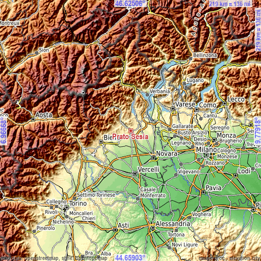 Topographic map of Prato Sesia