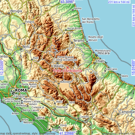 Topographic map of Prata d'Ansidonia