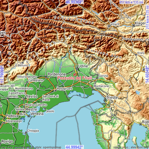 Topographic map of Pozzuolo del Friuli