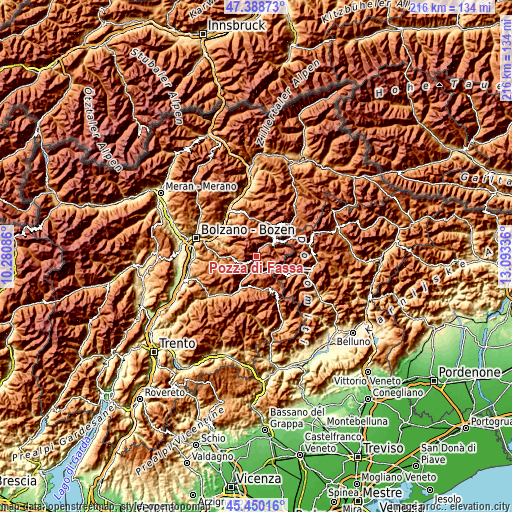 Topographic map of Pozza di Fassa