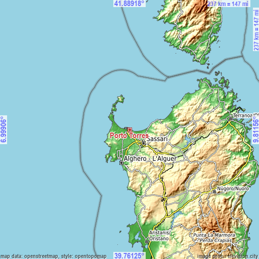 Topographic map of Porto Torres