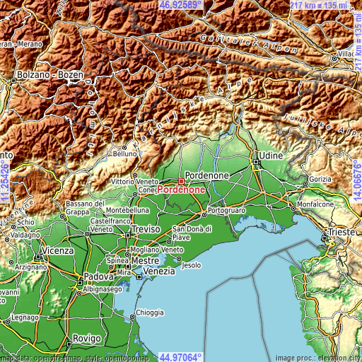 Topographic map of Pordenone