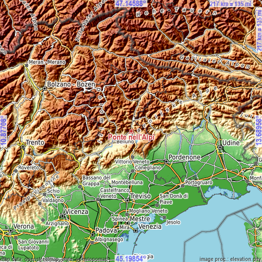 Topographic map of Ponte nelle Alpi