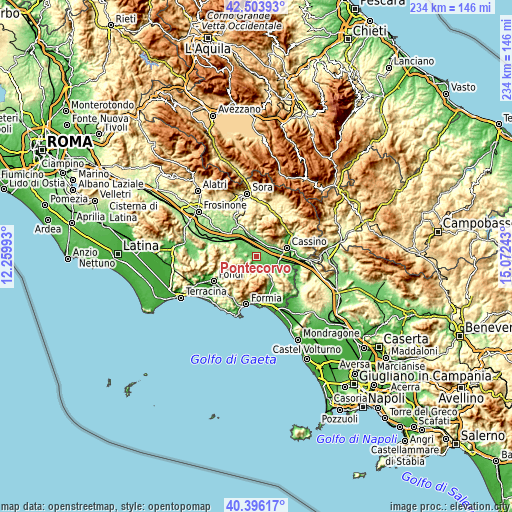 Topographic map of Pontecorvo