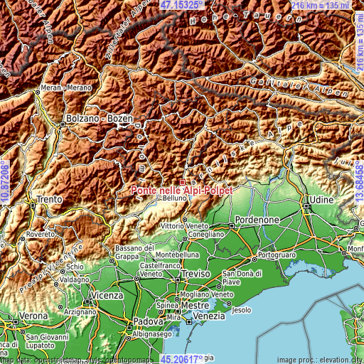 Topographic map of Ponte nelle Alpi-Polpet