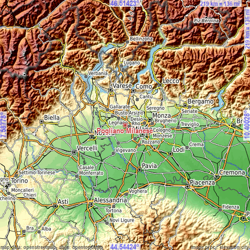Topographic map of Pogliano Milanese