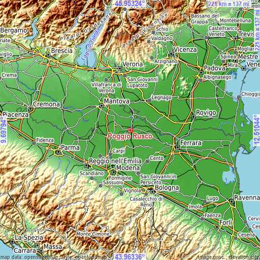 Topographic map of Poggio Rusco