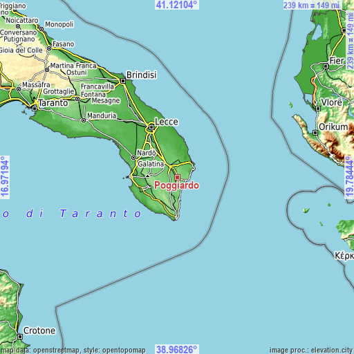 Topographic map of Poggiardo