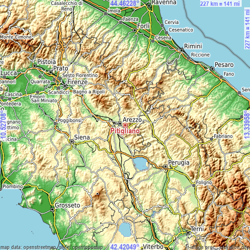 Topographic map of Pitigliano