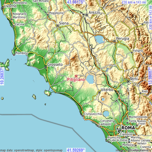 Topographic map of Pitigliano