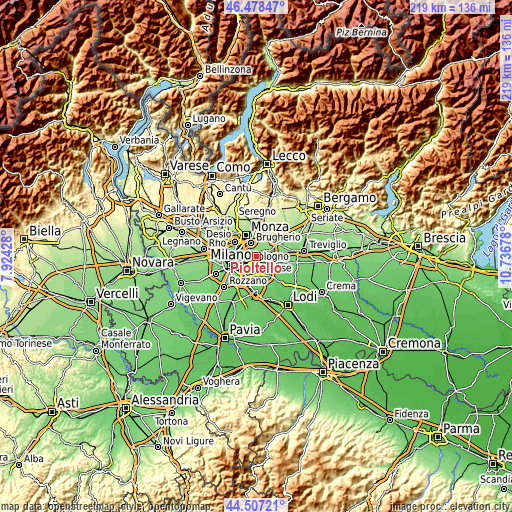 Topographic map of Pioltello