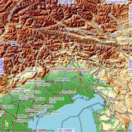 Topographic map of Pinzano al Tagliamento