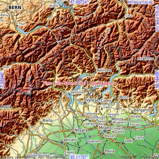 Topographic map of Pino sulla Sponda del Lago Maggiore