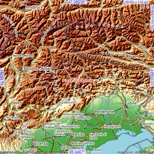 Topographic map of Pieve di Cadore